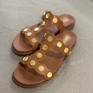Kensie Brown Slide Sandals with Gold Discs